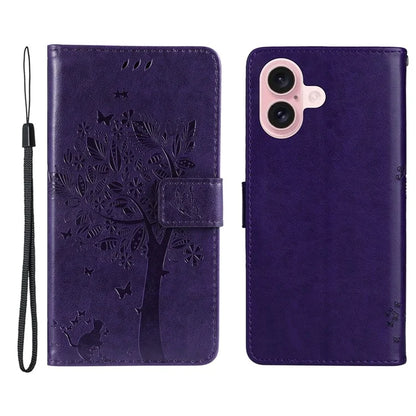 KT Imprinting Flower Series-3 For iPhone 16 Case Wallet Stand Leather Cover Cat Tree Pattern
