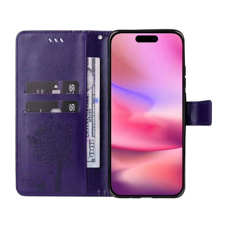 KT Imprinting Flower Series-3 For iPhone 16 Case Wallet Stand Leather Cover Cat Tree Pattern