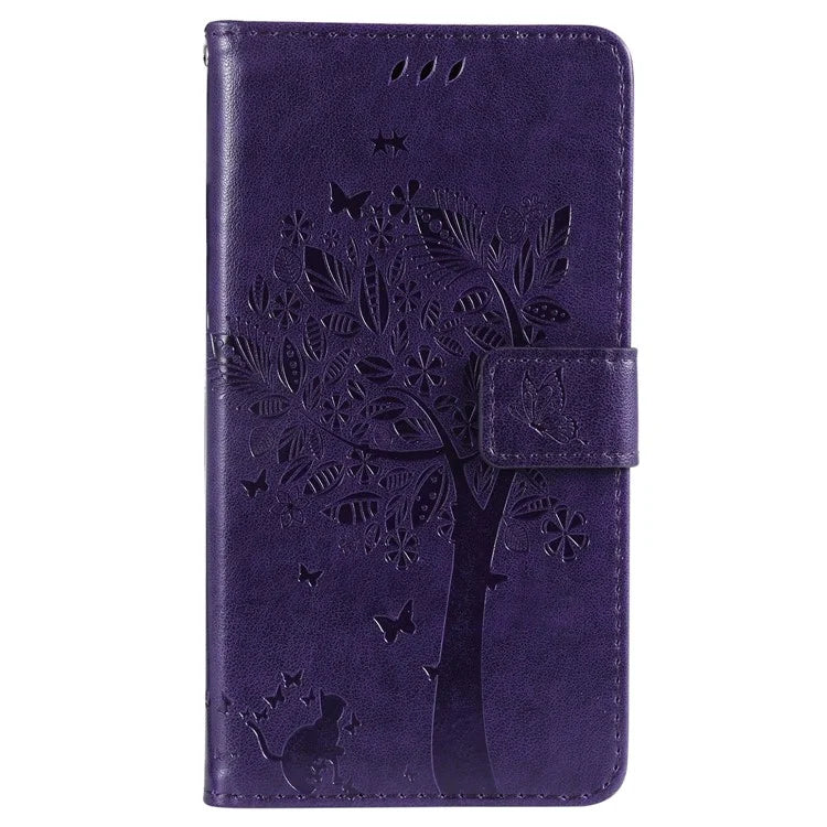 KT Imprinting Flower Series-3 For iPhone 16 Case Wallet Stand Leather Cover Cat Tree Pattern