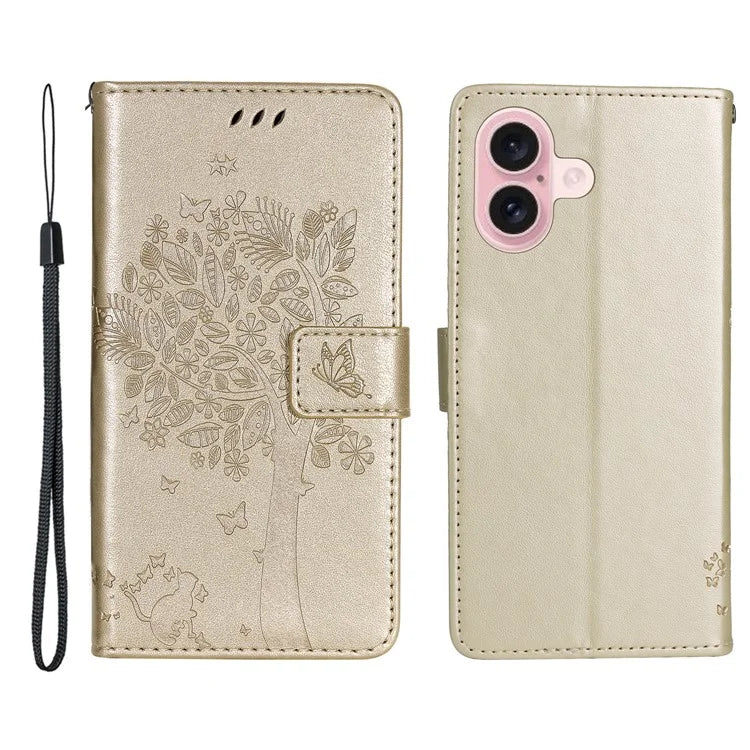 KT Imprinting Flower Series-3 For iPhone 16 Case Wallet Stand Leather Cover Cat Tree Pattern