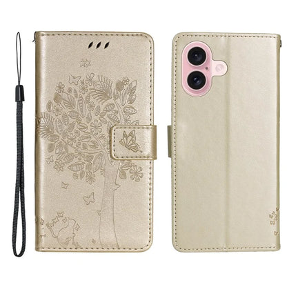 KT Imprinting Flower Series-3 For iPhone 16 Case Wallet Stand Leather Cover Cat Tree Pattern