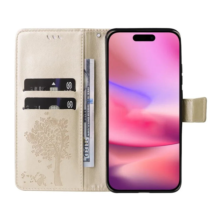 KT Imprinting Flower Series-3 For iPhone 16 Case Wallet Stand Leather Cover Cat Tree Pattern