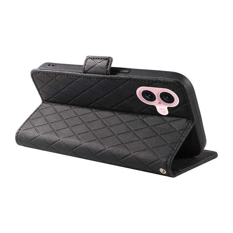 For iPhone 16 Case Folio Leather Phone Cover Rhombus Lattice
