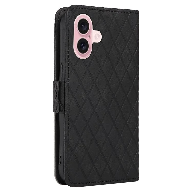 For iPhone 16 Case Folio Leather Phone Cover Rhombus Lattice