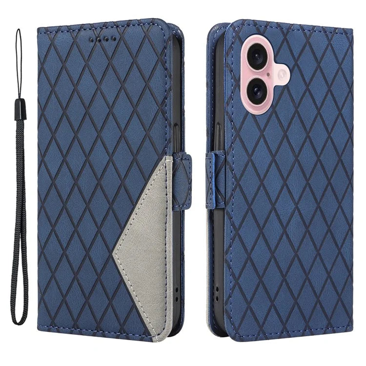 For iPhone 16 Case Folio Leather Phone Cover Rhombus Lattice