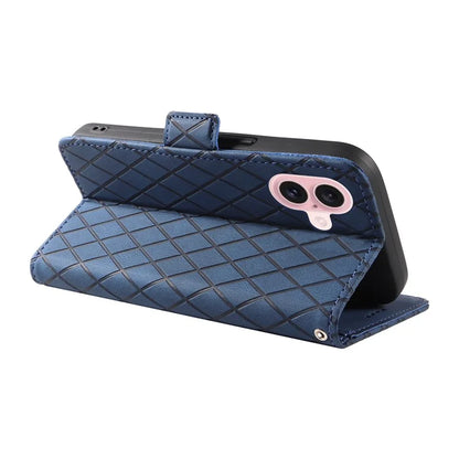 For iPhone 16 Case Folio Leather Phone Cover Rhombus Lattice