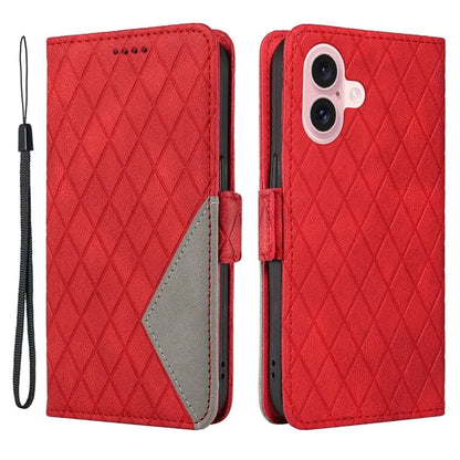 For iPhone 16 Case Folio Leather Phone Cover Rhombus Lattice