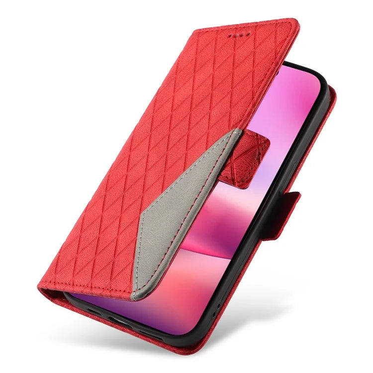 For iPhone 16 Case Folio Leather Phone Cover Rhombus Lattice