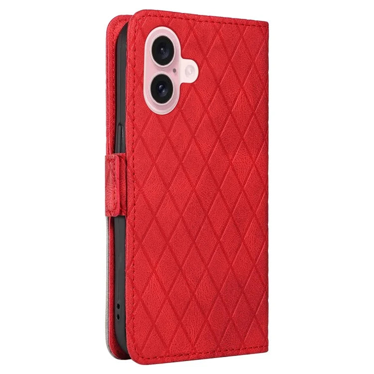 For iPhone 16 Case Folio Leather Phone Cover Rhombus Lattice