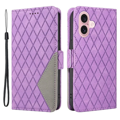 For iPhone 16 Case Folio Leather Phone Cover Rhombus Lattice