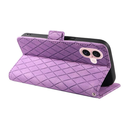 For iPhone 16 Case Folio Leather Phone Cover Rhombus Lattice