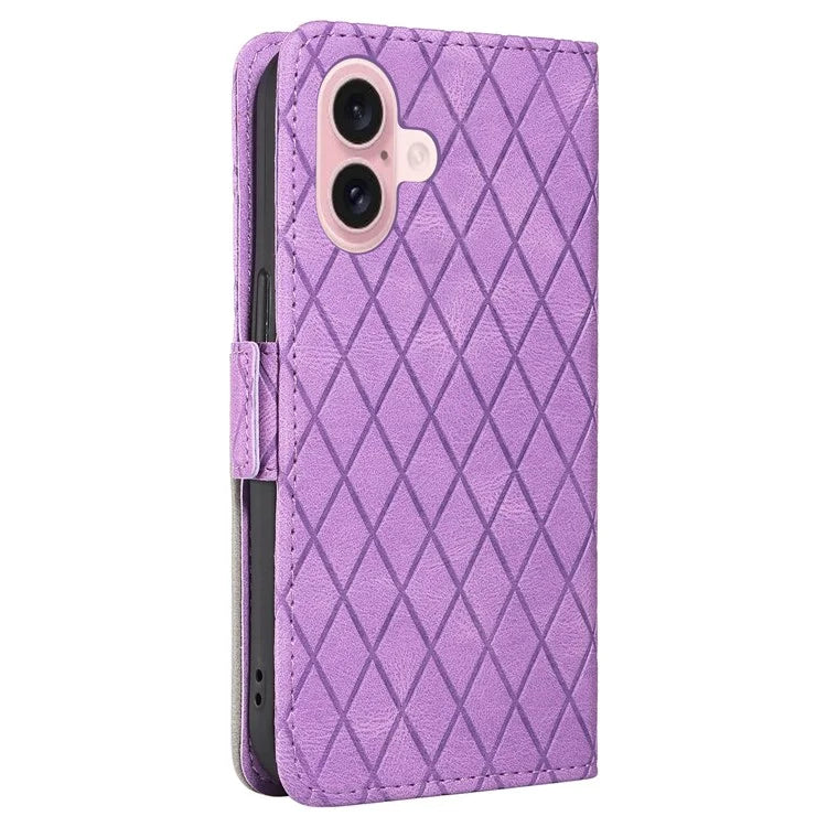 For iPhone 16 Case Folio Leather Phone Cover Rhombus Lattice