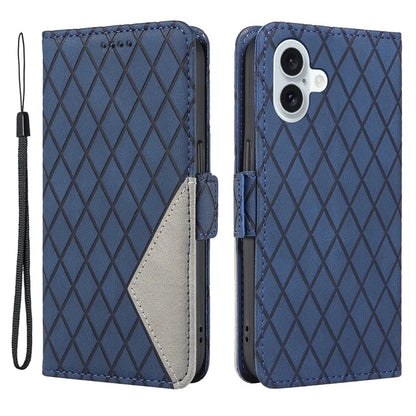For iPhone 16 Plus Case Rhombus Grid Leather Wallet Phone Cover