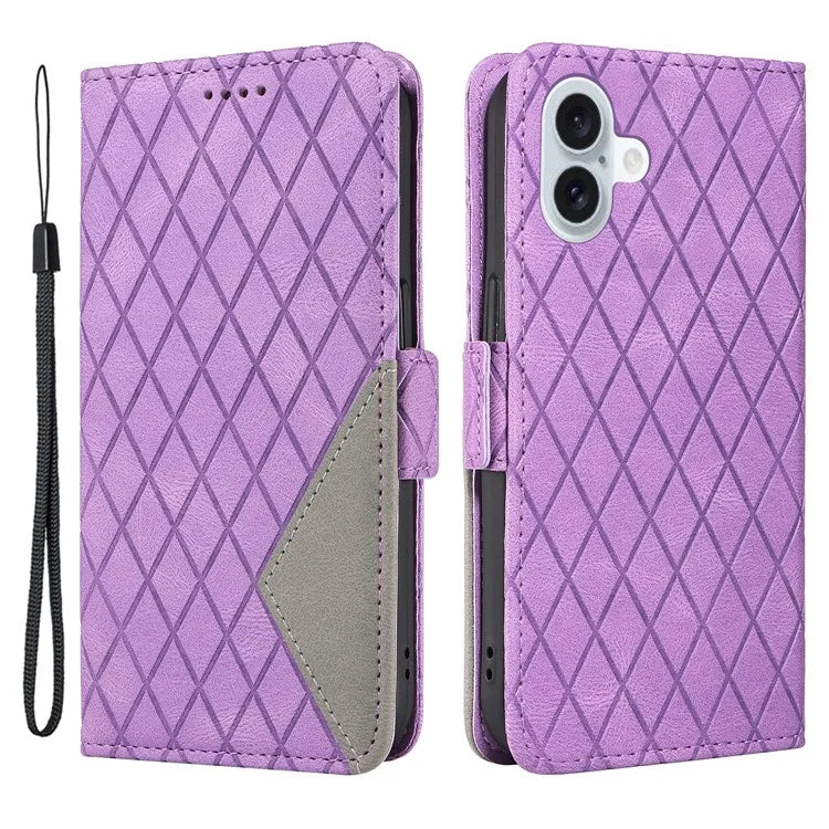 For iPhone 16 Plus Case Rhombus Grid Leather Wallet Phone Cover