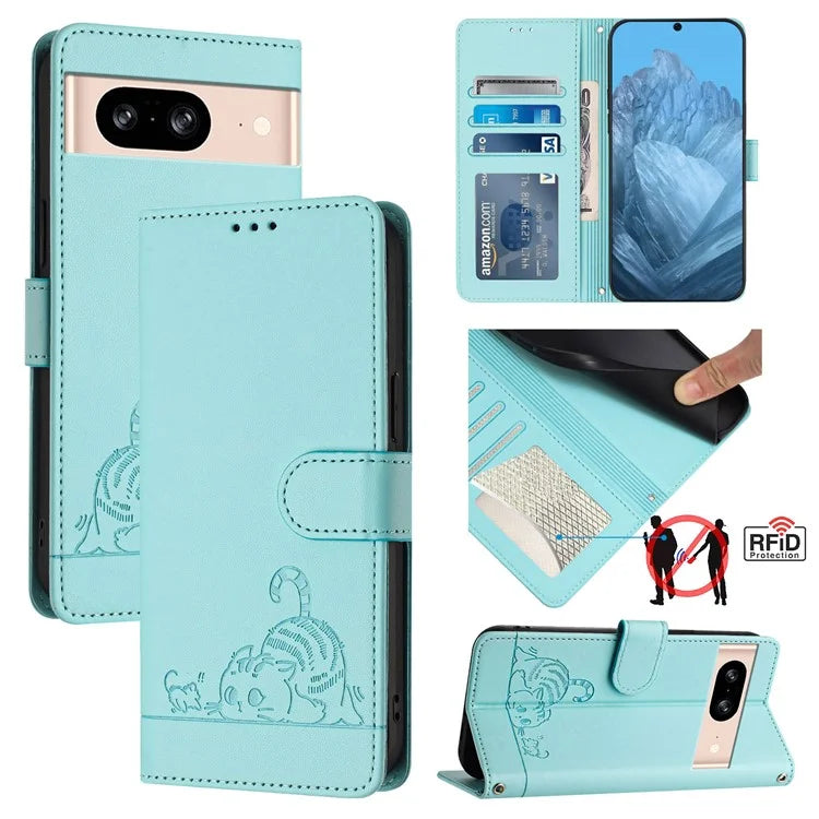 YB Imprinting Series-9 for Google Pixel 8 Case Cat Mouse Pattern Leather Wallet Stand Phone Cover