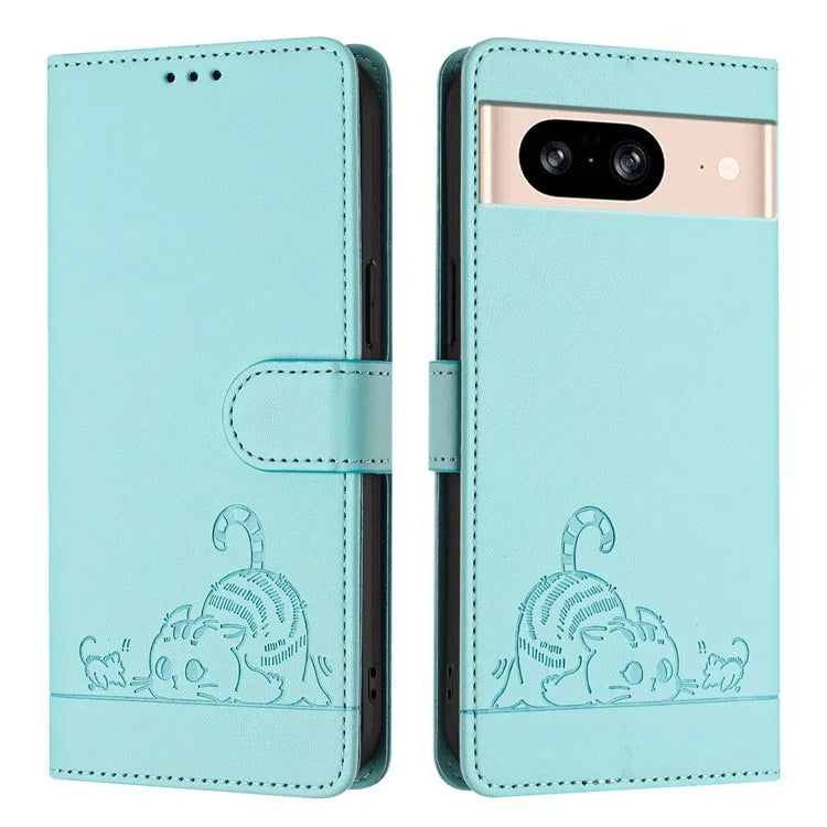 YB Imprinting Series-9 for Google Pixel 8 Case Cat Mouse Pattern Leather Wallet Stand Phone Cover