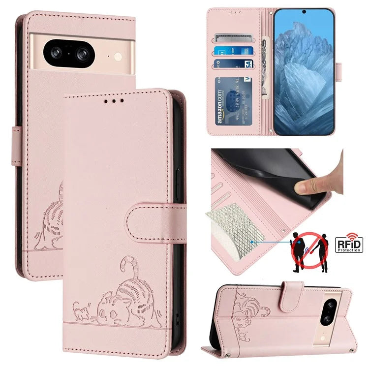 YB Imprinting Series-9 for Google Pixel 8 Case Cat Mouse Pattern Leather Wallet Stand Phone Cover
