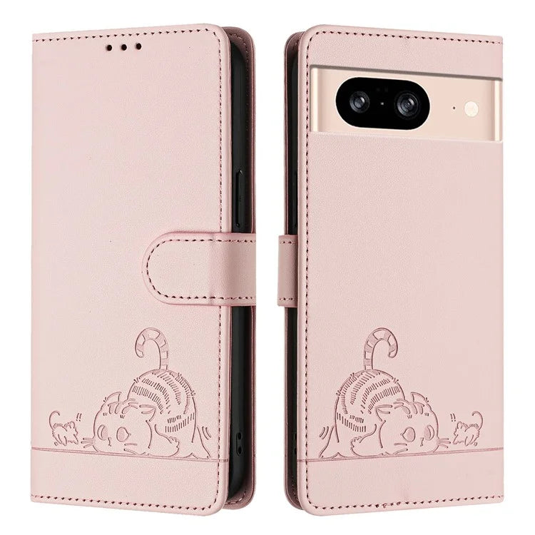 YB Imprinting Series-9 for Google Pixel 8 Case Cat Mouse Pattern Leather Wallet Stand Phone Cover
