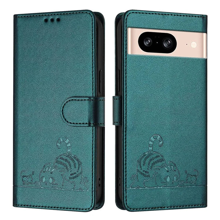 YB Imprinting Series-9 for Google Pixel 8 Case Cat Mouse Pattern Leather Wallet Stand Phone Cover