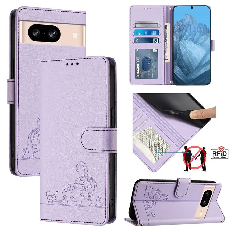 YB Imprinting Series-9 for Google Pixel 8 Case Cat Mouse Pattern Leather Wallet Stand Phone Cover