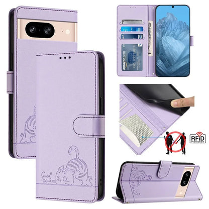 YB Imprinting Series-9 for Google Pixel 8 Case Cat Mouse Pattern Leather Wallet Stand Phone Cover