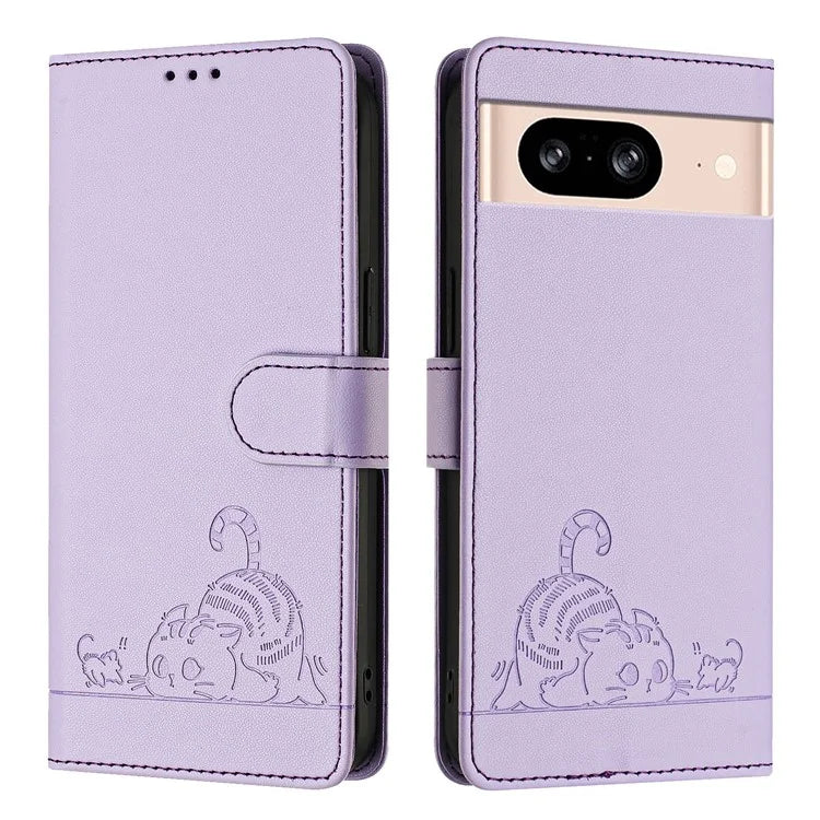 YB Imprinting Series-9 for Google Pixel 8 Case Cat Mouse Pattern Leather Wallet Stand Phone Cover