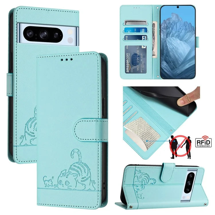 YB Imprinting Series-9 for Google Pixel 8 Pro Case Leather Folio Phone Cover Cat Mouse Pattern
