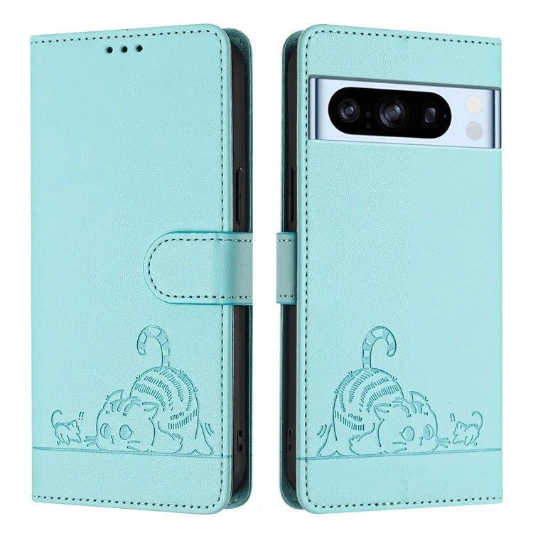 YB Imprinting Series-9 for Google Pixel 8 Pro Case Leather Folio Phone Cover Cat Mouse Pattern