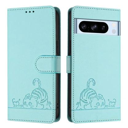 YB Imprinting Series-9 for Google Pixel 8 Pro Case Leather Folio Phone Cover Cat Mouse Pattern