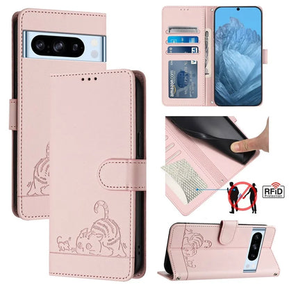 YB Imprinting Series-9 for Google Pixel 8 Pro Case Leather Folio Phone Cover Cat Mouse Pattern