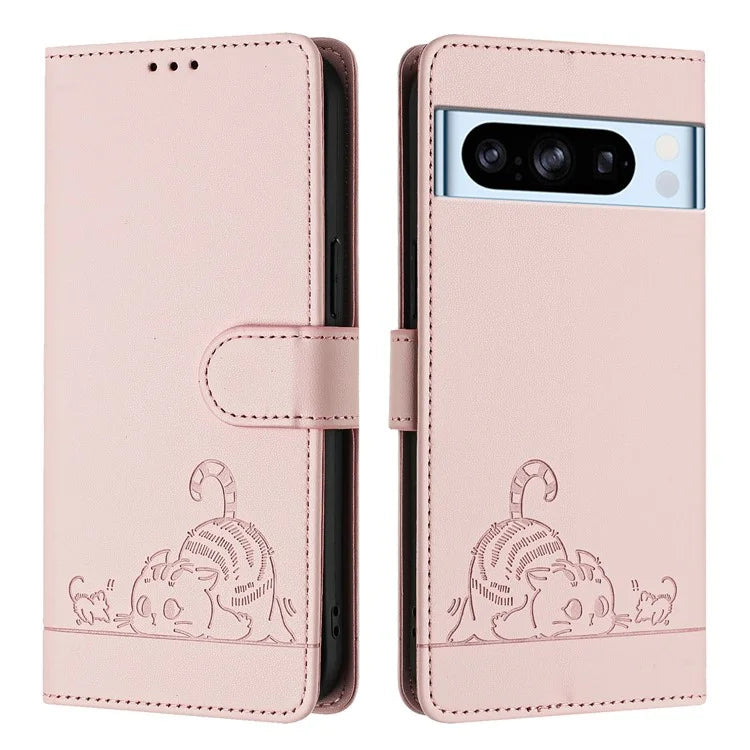 YB Imprinting Series-9 for Google Pixel 8 Pro Case Leather Folio Phone Cover Cat Mouse Pattern