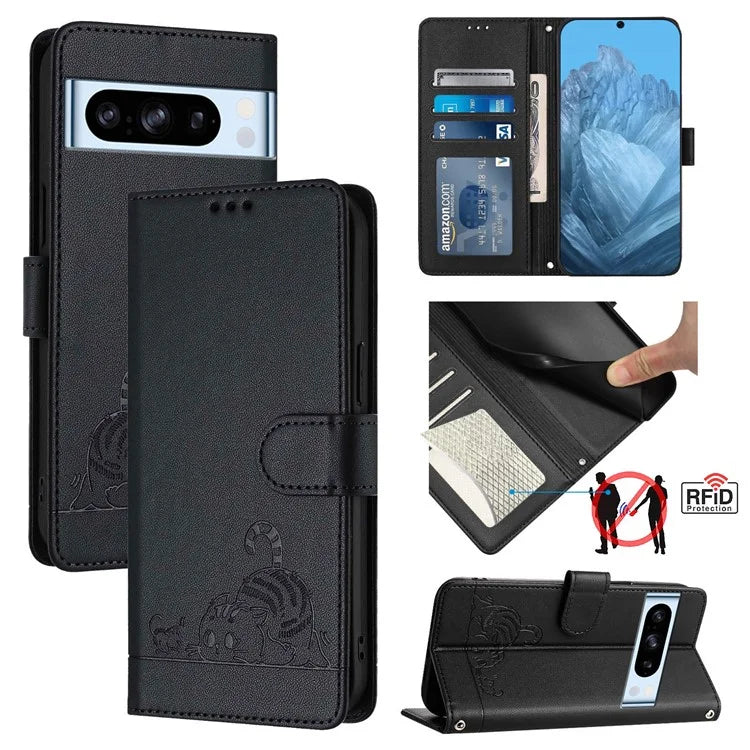 YB Imprinting Series-9 for Google Pixel 8 Pro Case Leather Folio Phone Cover Cat Mouse Pattern