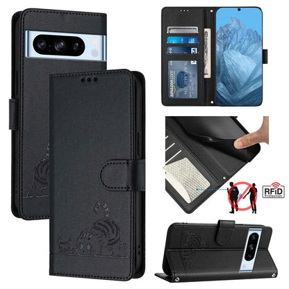 YB Imprinting Series-9 for Google Pixel 8 Pro Case Leather Folio Phone Cover Cat Mouse Pattern