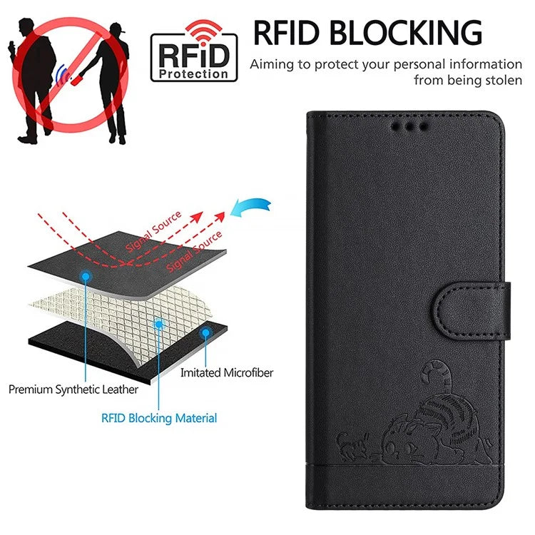 YB Imprinting Series-9 for Google Pixel 8 Pro Case Leather Folio Phone Cover Cat Mouse Pattern