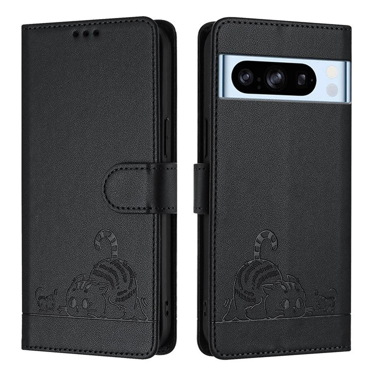 YB Imprinting Series-9 for Google Pixel 8 Pro Case Leather Folio Phone Cover Cat Mouse Pattern