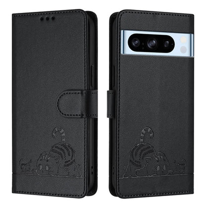 YB Imprinting Series-9 for Google Pixel 8 Pro Case Leather Folio Phone Cover Cat Mouse Pattern