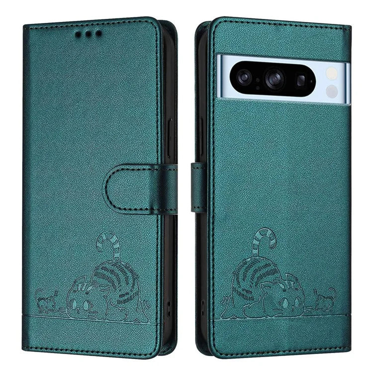 YB Imprinting Series-9 for Google Pixel 8 Pro Case Leather Folio Phone Cover Cat Mouse Pattern