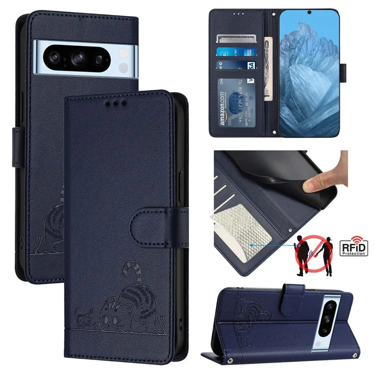 YB Imprinting Series-9 for Google Pixel 8 Pro Case Leather Folio Phone Cover Cat Mouse Pattern