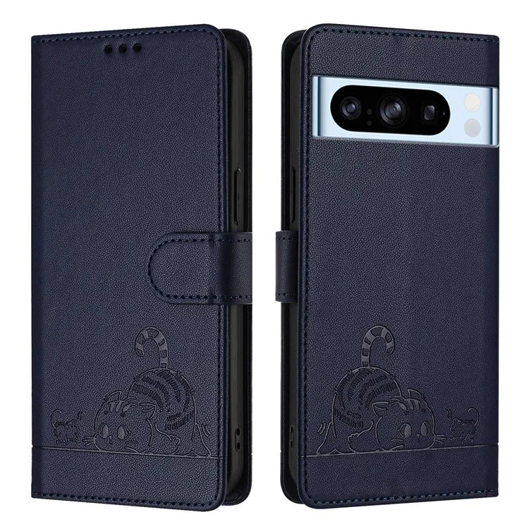 YB Imprinting Series-9 for Google Pixel 8 Pro Case Leather Folio Phone Cover Cat Mouse Pattern