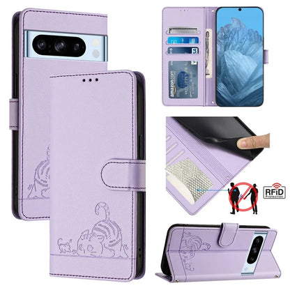 YB Imprinting Series-9 for Google Pixel 8 Pro Case Leather Folio Phone Cover Cat Mouse Pattern