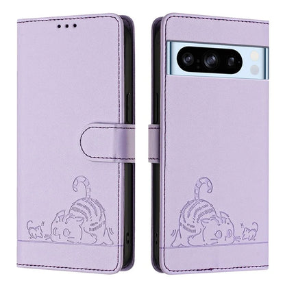 YB Imprinting Series-9 for Google Pixel 8 Pro Case Leather Folio Phone Cover Cat Mouse Pattern