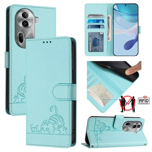 YB Imprinting Series-9 for Oppo Reno11 Pro 5G (Global) Case Leather Phone Cover Cat Mouse Pattern