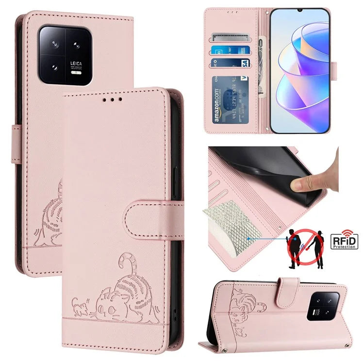 YB Imprinting Series-9 for Xiaomi 13 Case RFID Blocking PU Leather Wallet Phone Cover