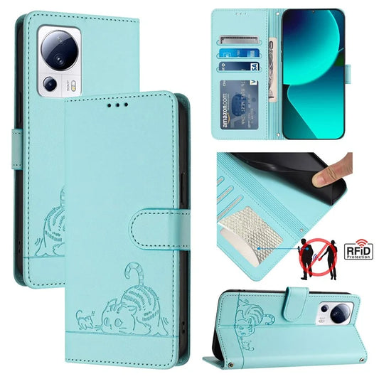 YB Imprinting Series-9 for Xiaomi 13 Lite / Civi 2 5G Case RFID Blocking Cat Imprinted Leather Phone Cover