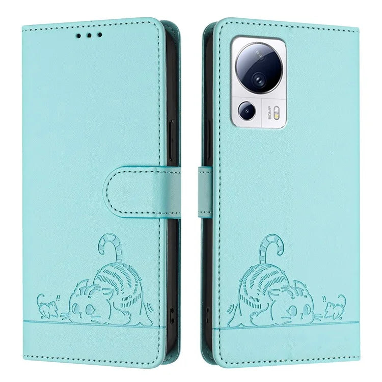 YB Imprinting Series-9 for Xiaomi 13 Lite / Civi 2 5G Case RFID Blocking Cat Imprinted Leather Phone Cover