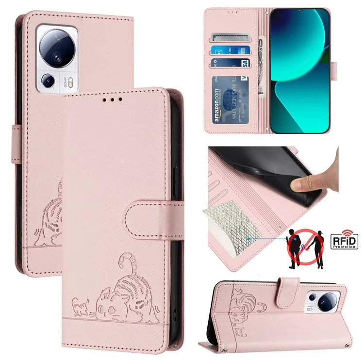 YB Imprinting Series-9 for Xiaomi 13 Lite / Civi 2 5G Case RFID Blocking Cat Imprinted Leather Phone Cover