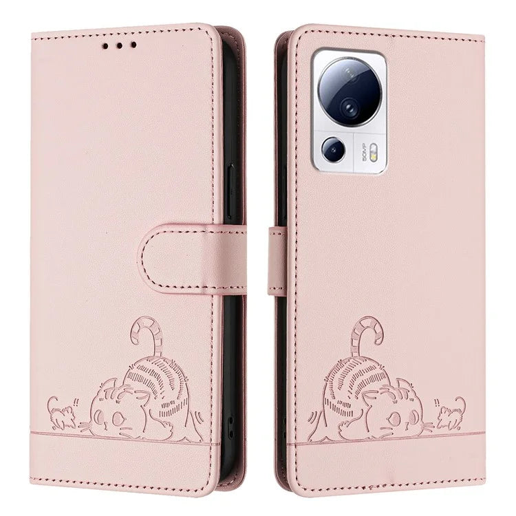 YB Imprinting Series-9 for Xiaomi 13 Lite / Civi 2 5G Case RFID Blocking Cat Imprinted Leather Phone Cover