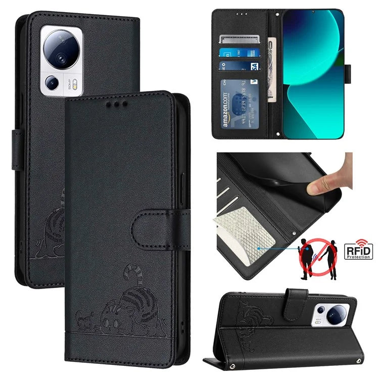 YB Imprinting Series-9 for Xiaomi 13 Lite / Civi 2 5G Case RFID Blocking Cat Imprinted Leather Phone Cover