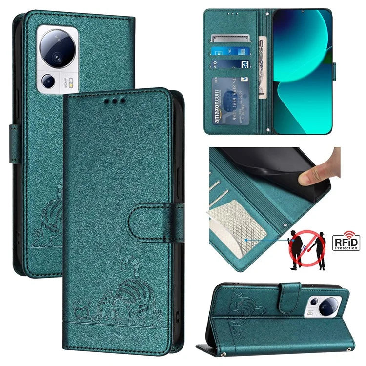 YB Imprinting Series-9 for Xiaomi 13 Lite / Civi 2 5G Case RFID Blocking Cat Imprinted Leather Phone Cover