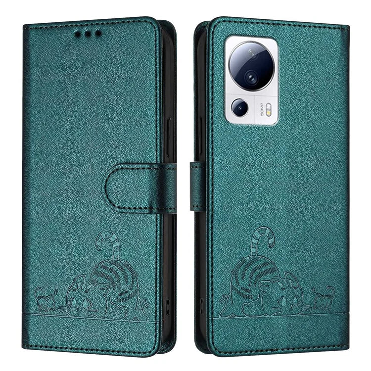 YB Imprinting Series-9 for Xiaomi 13 Lite / Civi 2 5G Case RFID Blocking Cat Imprinted Leather Phone Cover